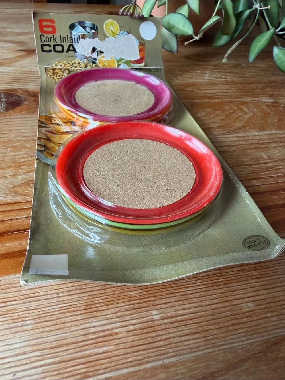 Vintage Set of Round Cork Inlaid Coasters